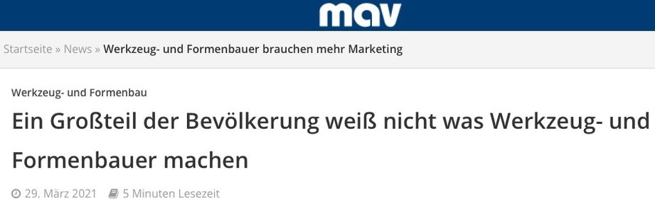 mav Headline Mehr Marketing Werkzeugbau Formenbau März 2021